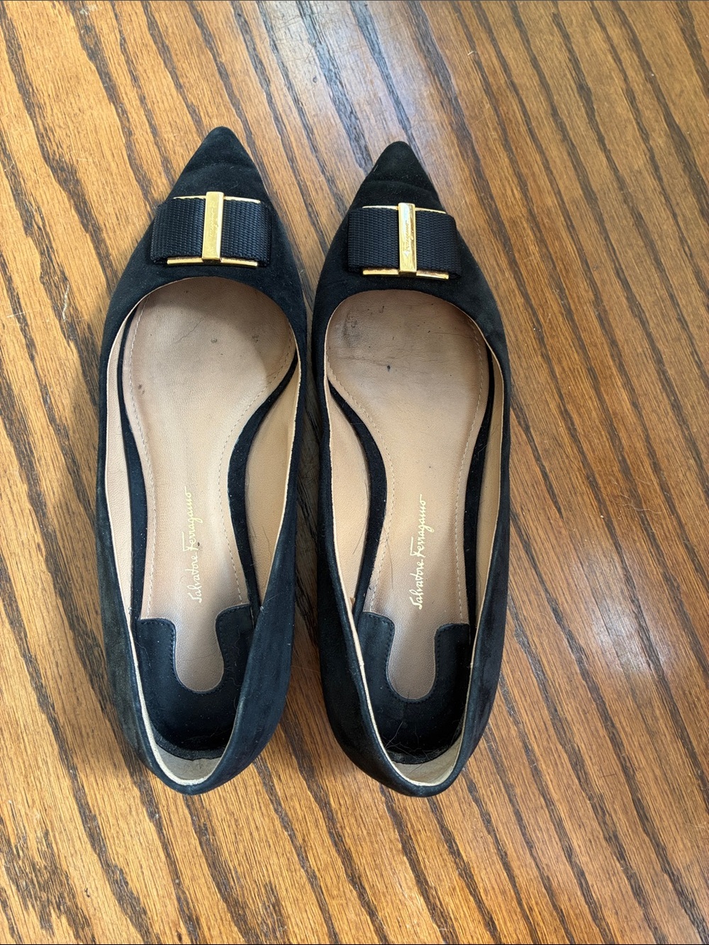 Salvatore Ferragamo Black Suede Pointed-Toe Vara Bow Flats